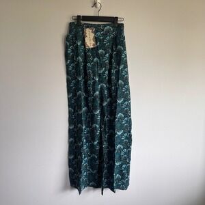 Land of the Free Wide Leg‎ Pants Smocked Waist Floral Print Deep Teal S